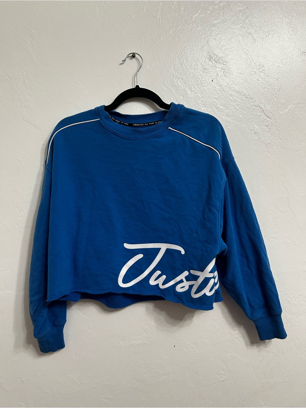 Justice Royal Blue Cropped Crewneck Sweatshirt with White Script